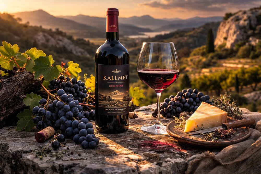 Kallmet red wine with grapes and kashkaval cheese