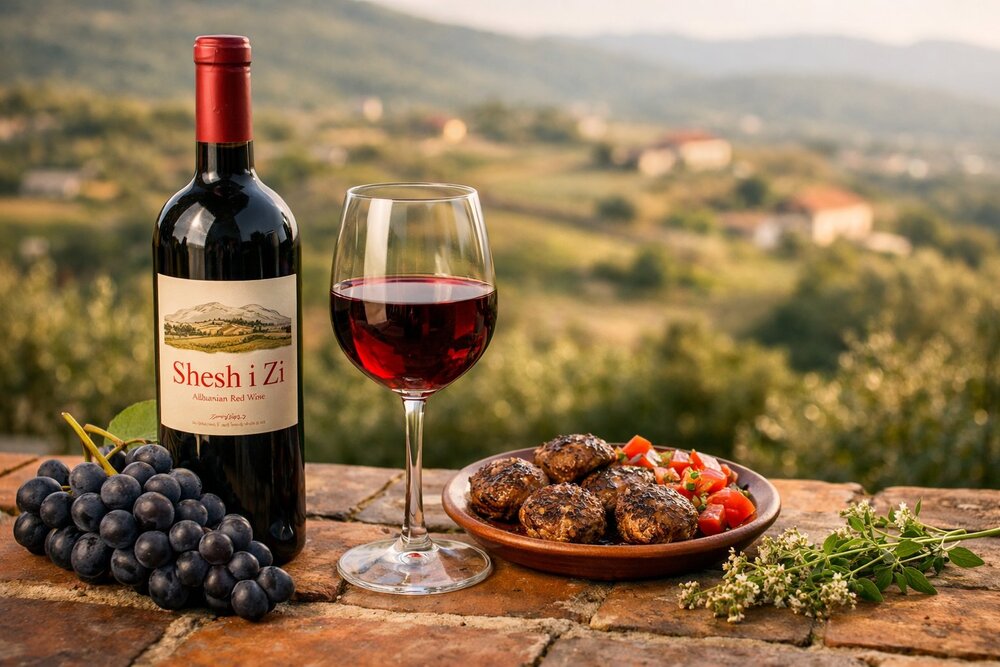 Shesh i Zi red wine with qofte