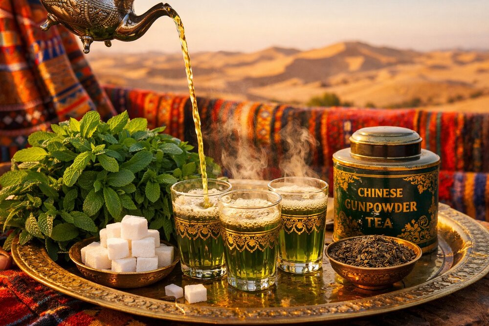 Algerian mint tea ceremony with gunpowder tea and Saharan dunes