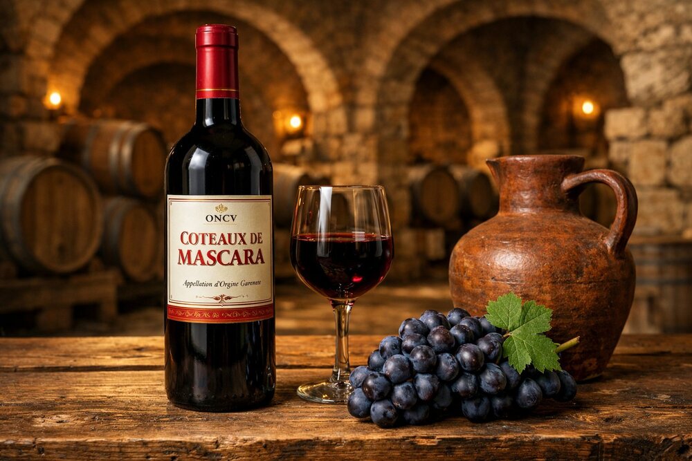 ONCV Coteaux de Mascara in colonial-era cellar with Carignan grapes