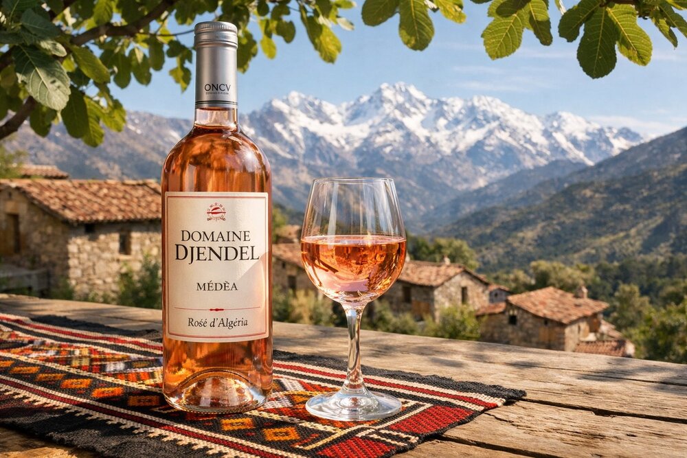 Domaine Djendel Médéa Rosé with Berber textile and Djurdjura peaks