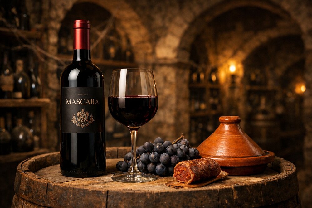 Mascara red wine on barrel in colonial cellar