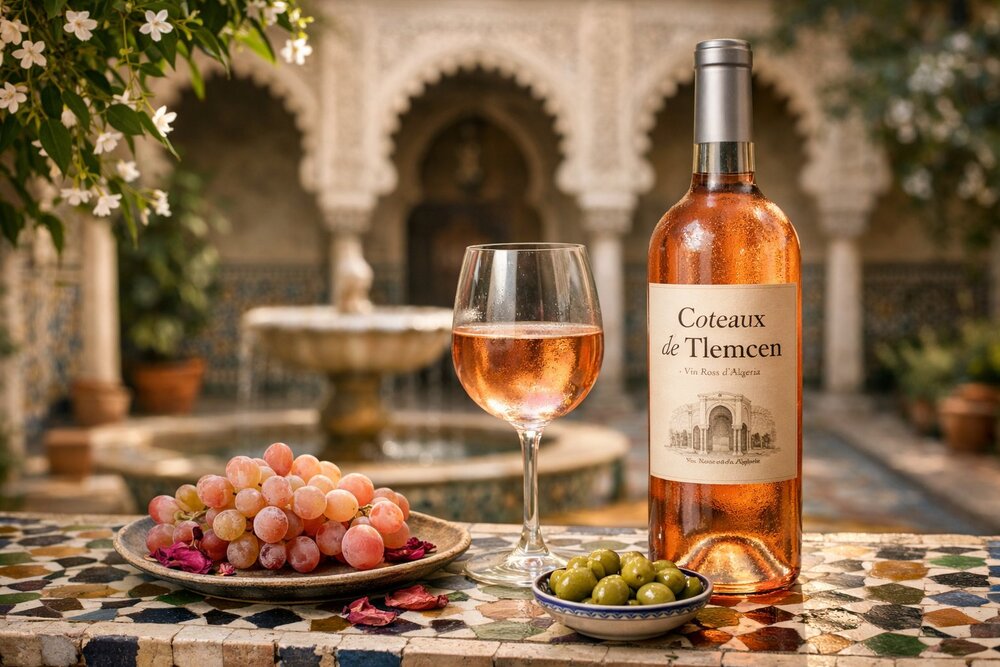 Coteaux de Tlemcen rosé in Andalusian courtyard