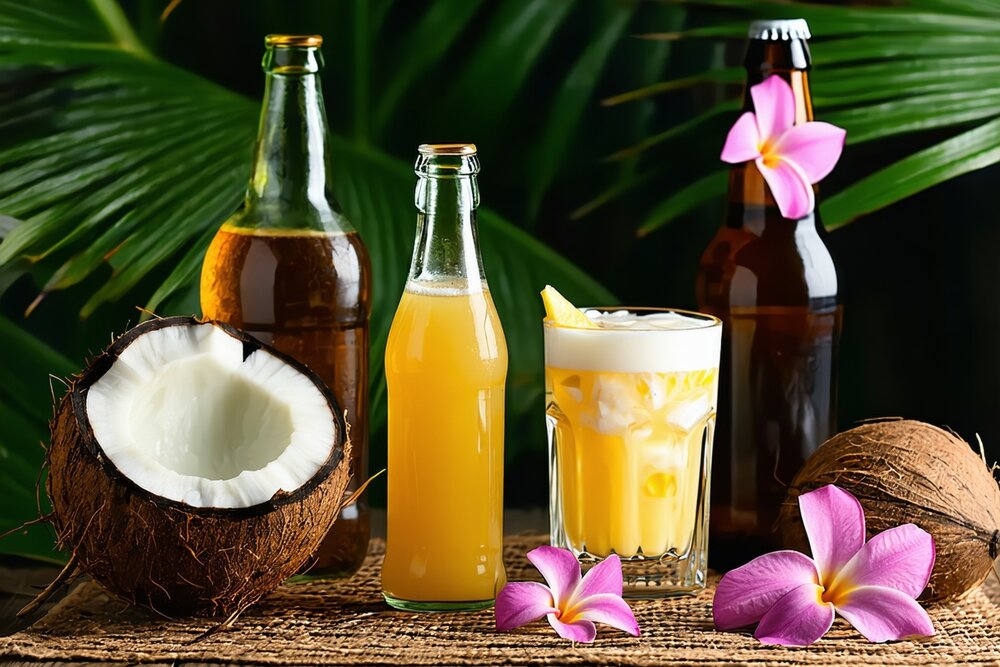 Samoan traditional beverages — coconut toddy, fruit wine and Vailima
