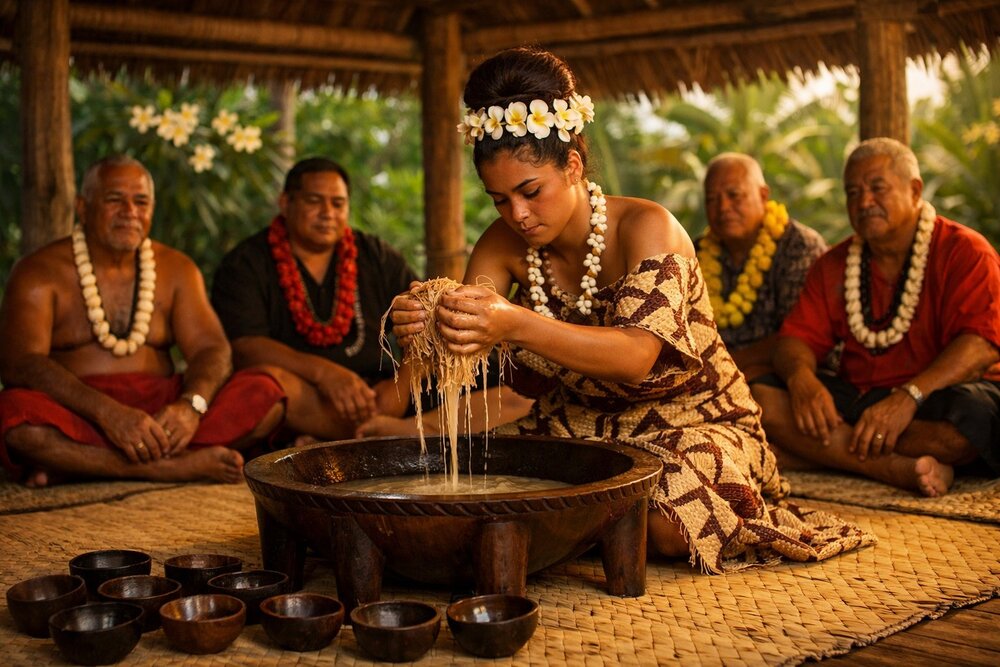 Taupo straining 'ava in traditional fale ceremony