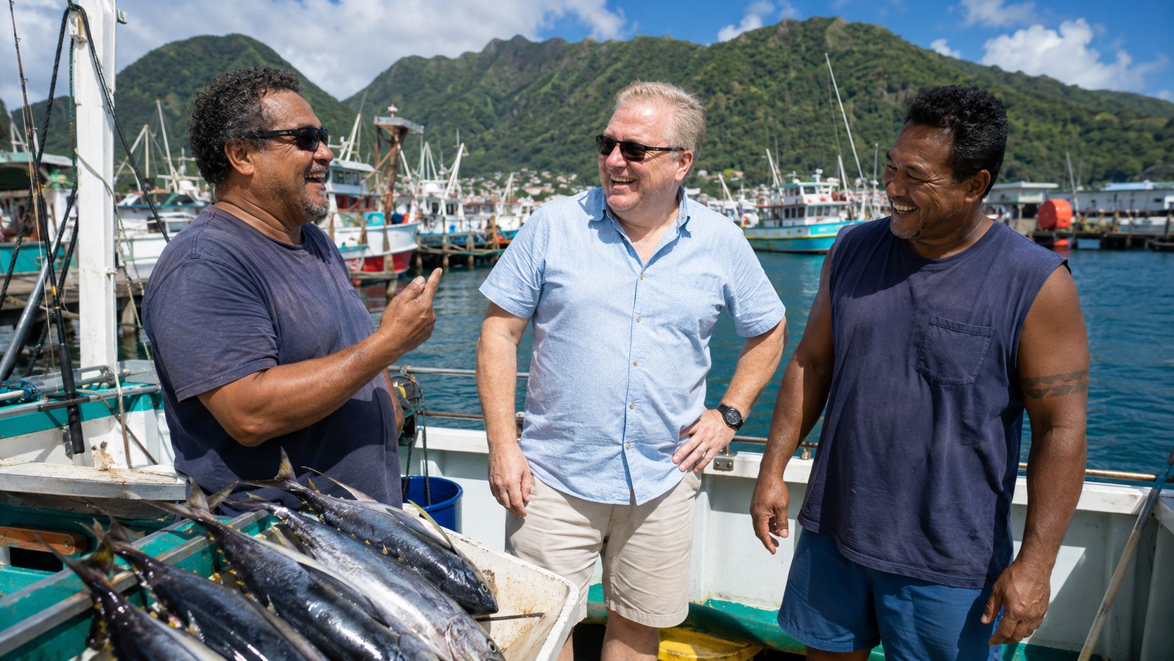 Radim Kaufmann with tuna fishermen at Pago Pago Harbor