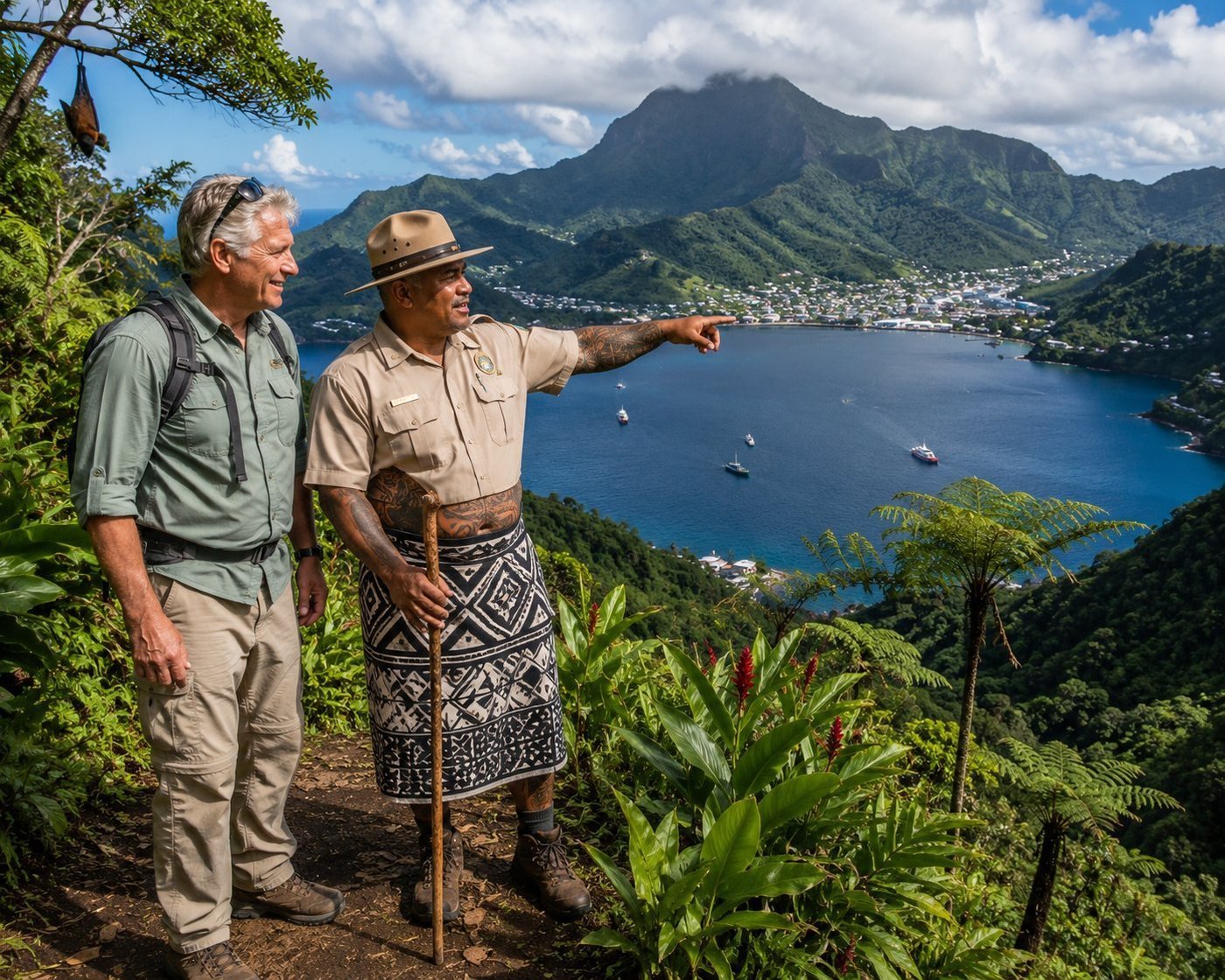 Radim Kaufmann on the Mount Alava trail above Pago Pago Harbor with a Samoan park ranger in NPS uniform and traditional patterned lavalava with visible pe'a tattoo, Rainmaker Mountain rising over the volcanic-caldera harbour, a flying fox bat in a tree