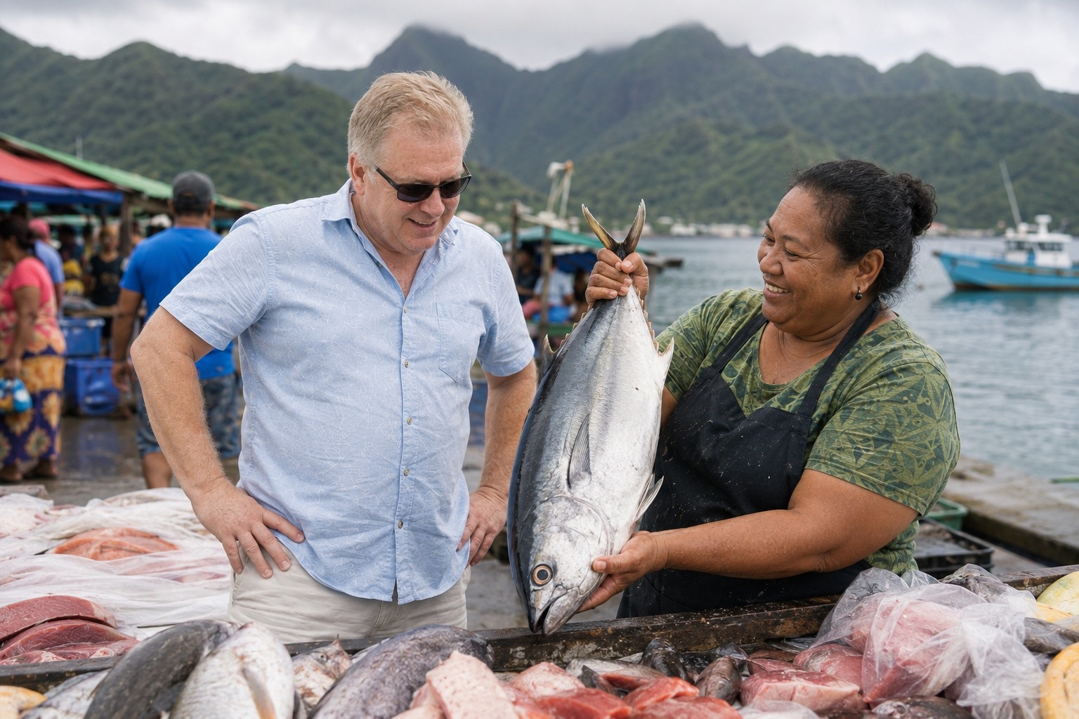 Radim Kaufmann at a lively fish market stall at Pago Pago harbor, a smiling Samoan fish vendor holding up a large tuna for him, fishing boats and the flooded volcanic caldera harbor visible behind them