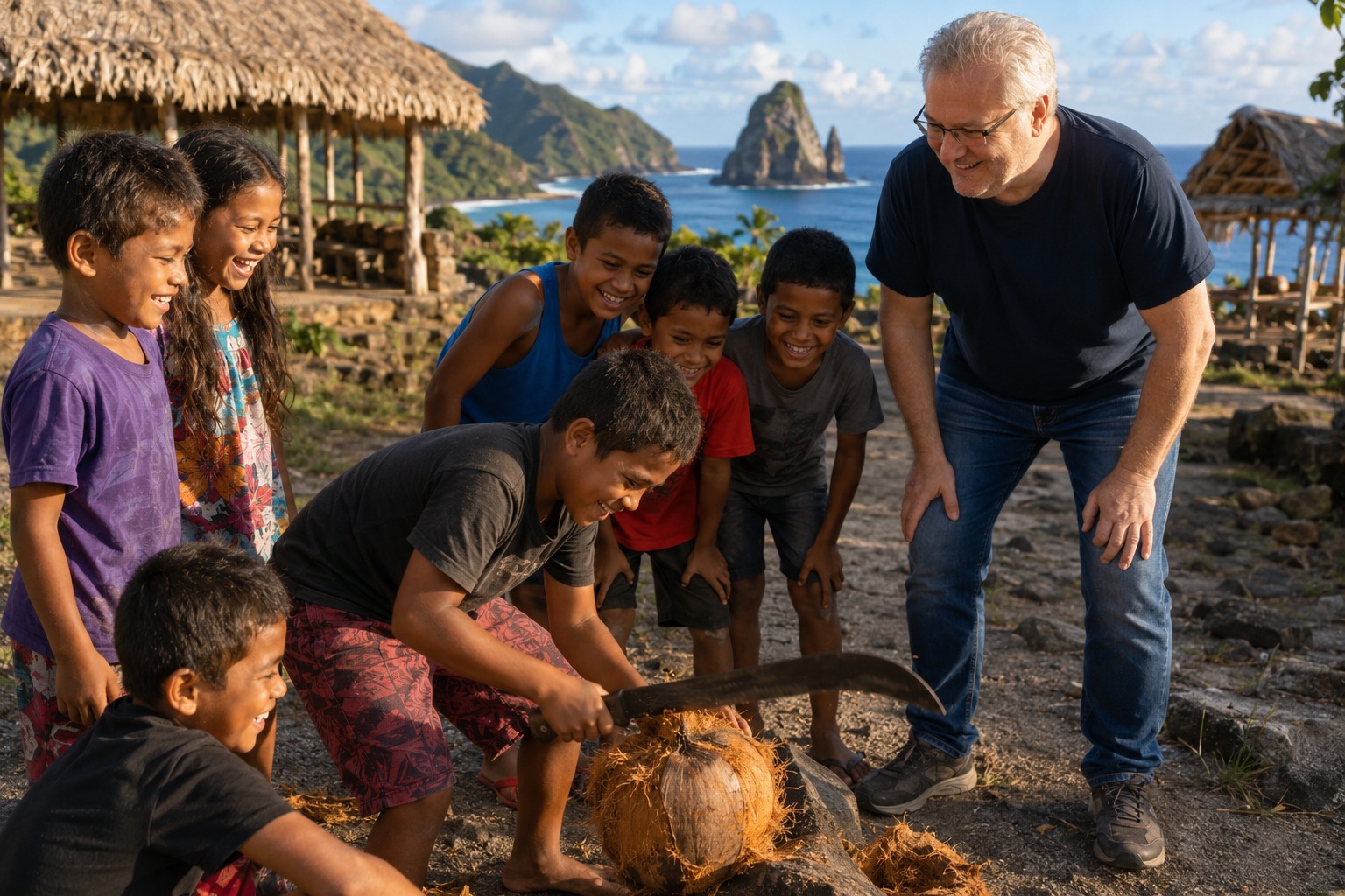 Radim Kaufmann with a group of laughing local Samoan children in the village of Vatia, one boy husking a coconut with a machete, traditional fales and the Pola Islands sea stacks visible in the bay behind them