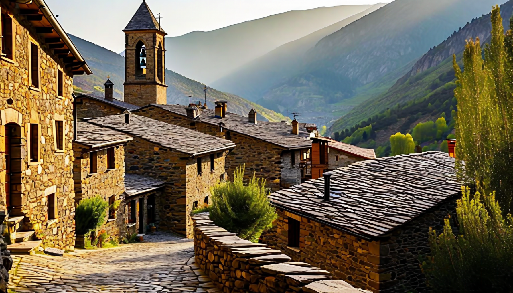 Ordino village with stone houses and mountain backdrop