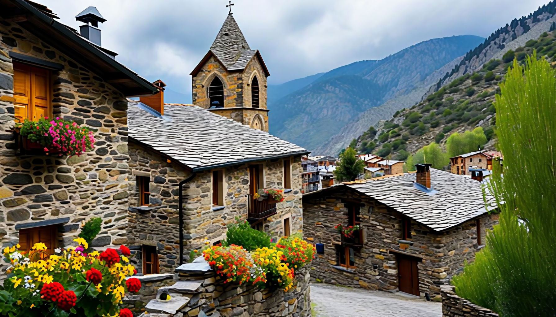 Ordino village with stone houses
