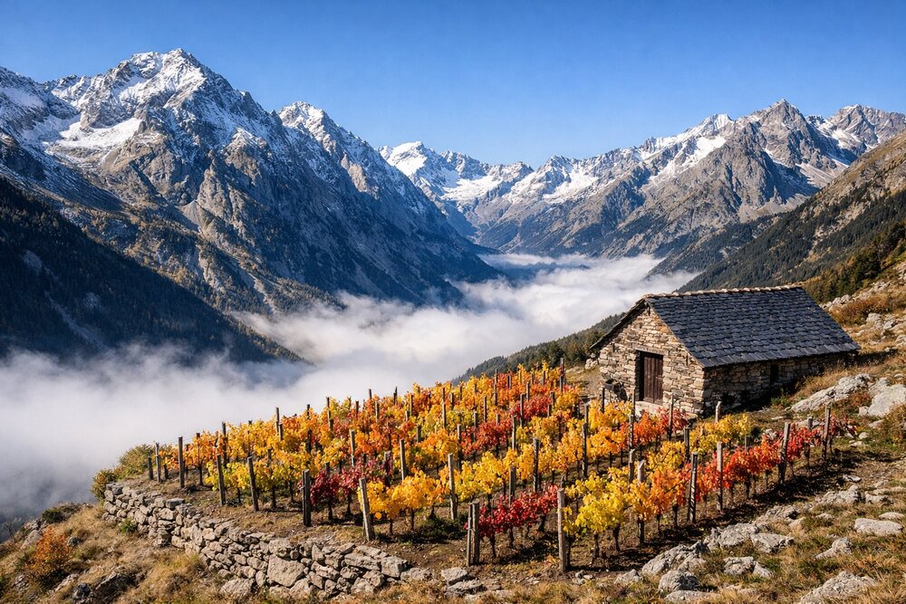 Extreme altitude vineyard in the Pyrenees with autumn colours and stone borda