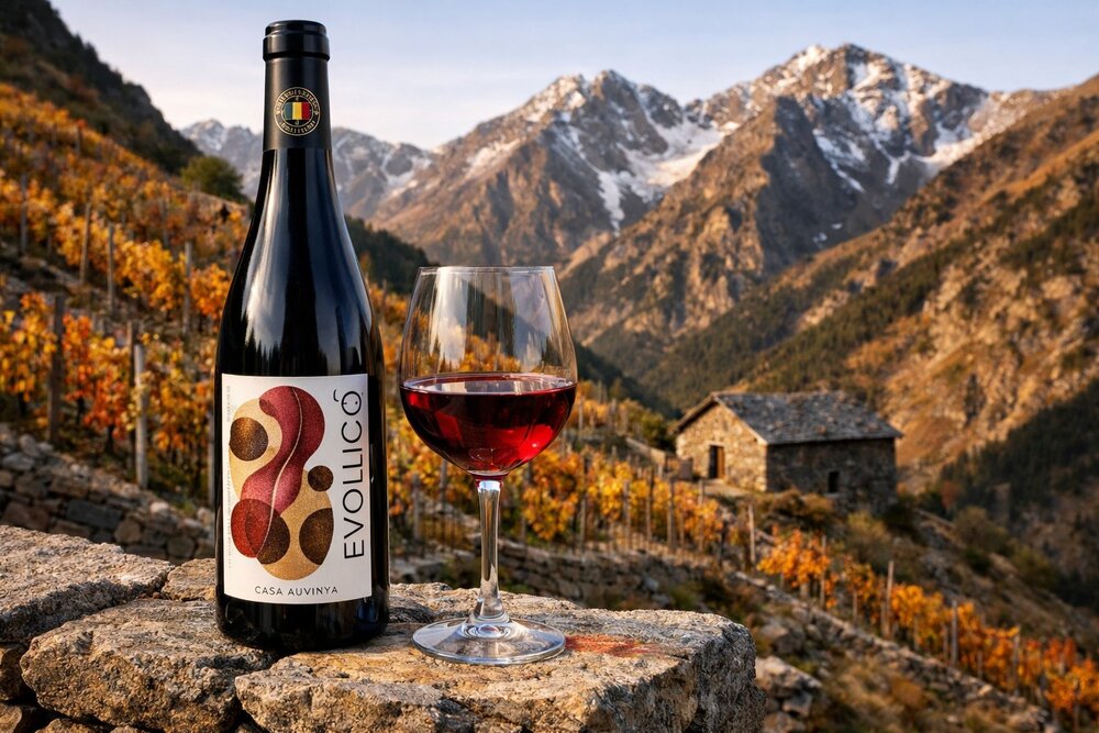 Casa Auvinyà wine with Pyrenean peaks