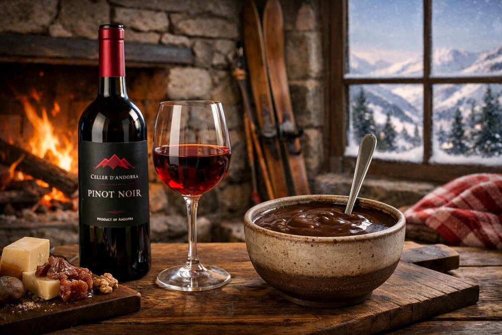 Andorran Pinot Noir with xocolata calenta in ski lodge