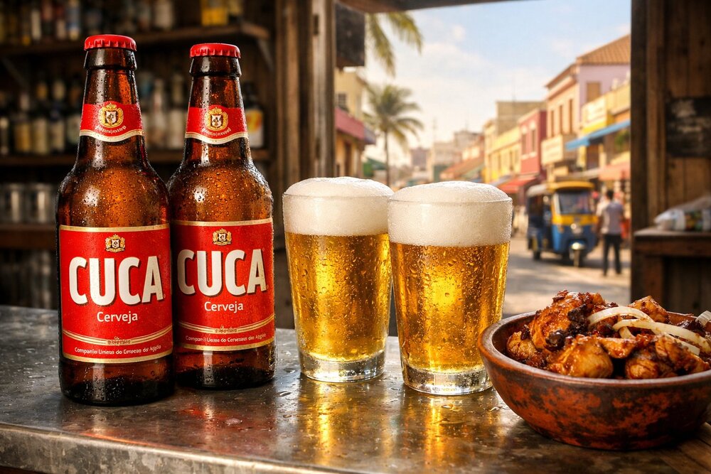 Cuca beer with chicken moamba in Luanda street bar