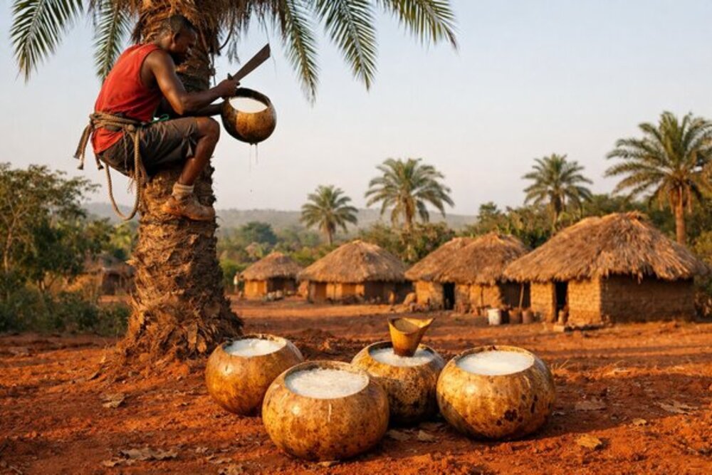 Malaveiru tapping palm wine with calabash gourds and clay pots