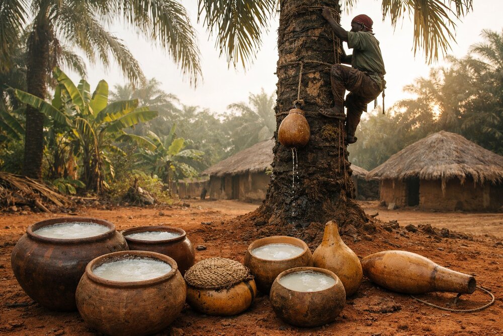 Malaveiru tapping palm wine with calabash gourds and clay pots