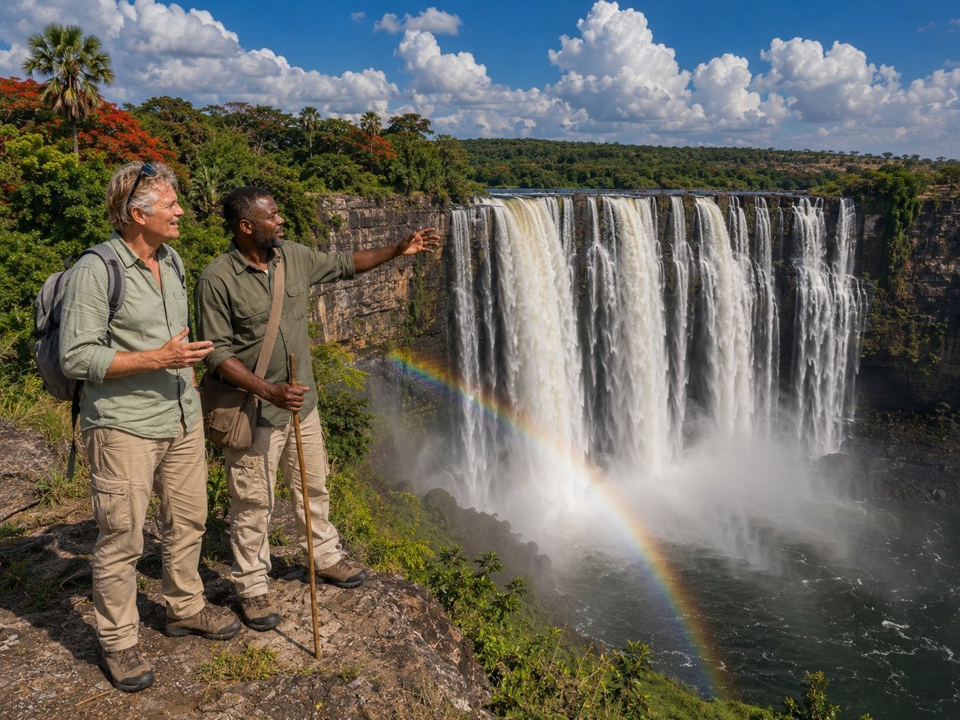 Radim Kaufmann at a rocky viewpoint on the rim of the gorge facing the spectacular Kalandula Falls in Malanje Province, Angola, with a local Angolan guide in olive-green field shirt and wooden walking staff gesturing toward the 400-metre-wide 105-metre-tall curtain of cascading water plunging from a basalt cliff into the Lucala River pool, flame trees in red bloom and fan palms around the cliffs, a vivid rainbow arcing through the mist below