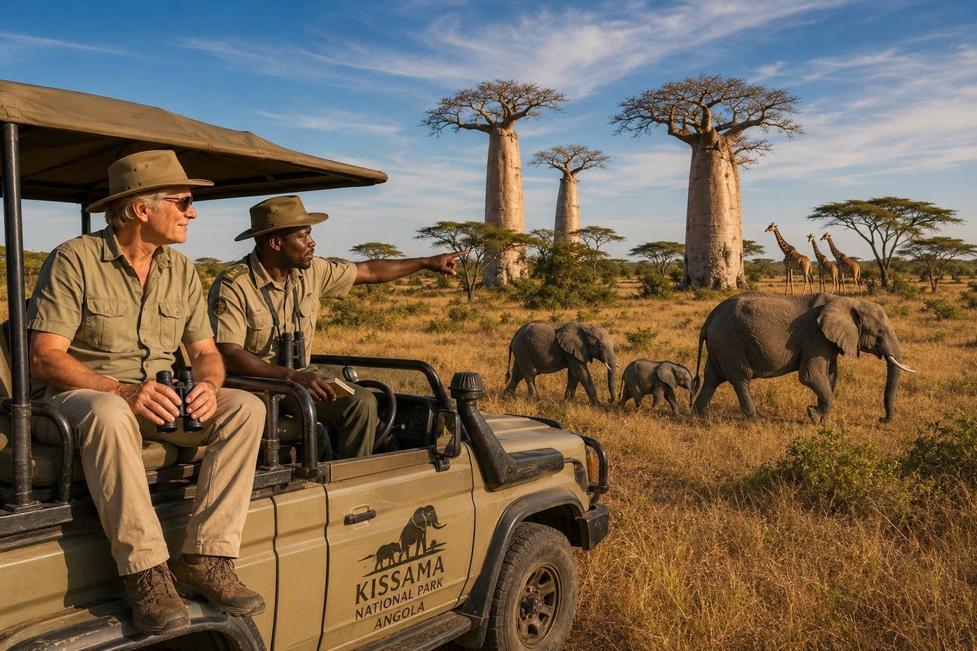 Radim Kaufmann on the elevated open viewing platform of a safari Land Cruiser in the Kissama National Park in central Angola, with an Angolan park ranger in khaki uniform pointing toward a family of African elephants - a matriarch with two juveniles and a tiny calf - walking calmly across the golden savannah, three massive baobab trees with thick pale-grey trunks in the middle distance, three giraffes browsing in acacia trees beyond, the legacy of Operation Noah's Ark wildlife restocking after the Angolan civil war