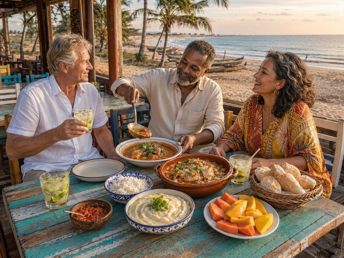 Radim Kaufmann at an outdoor beach restaurant in Mussulo on the Atlantic coast of Angola with two Portuguese-Angolan friends sharing a magnificent traditional Angolan seafood feast - moqueca de peixe in an earthenware bowl with coconut-tomato-palm-oil stew, pirao cassava porridge, white rice, papo-seco bread rolls, mango and papaya, three caipirinha angolana cocktails with crushed lime and cane rum, the host ladling moqueca into Radim's bowl, Atlantic Ocean and fishing pirogues on the beach beyond at sunset
