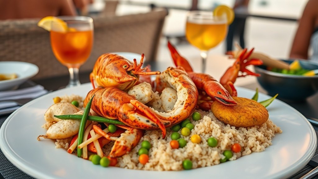 Traditional Anguillian couscous-style rice and peas with grilled crayfish