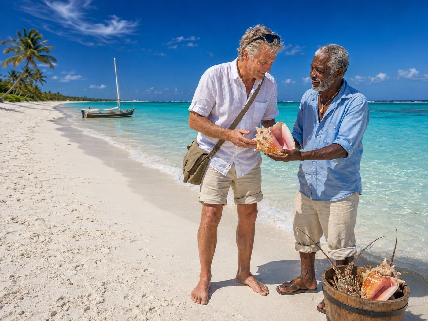 Radim Kaufmann barefoot on Shoal Bay East beach in Anguilla with a local Anguillian fisherman in faded blue shirt holding out a freshly-caught pink queen conch shell, a wooden bucket beside them with two more conch and a Caribbean spiny crayfish with long antennae, a traditional wooden Anguillian sloop moored offshore, coconut palms along the bone-white coral sand beach, turquoise-glass Caribbean water