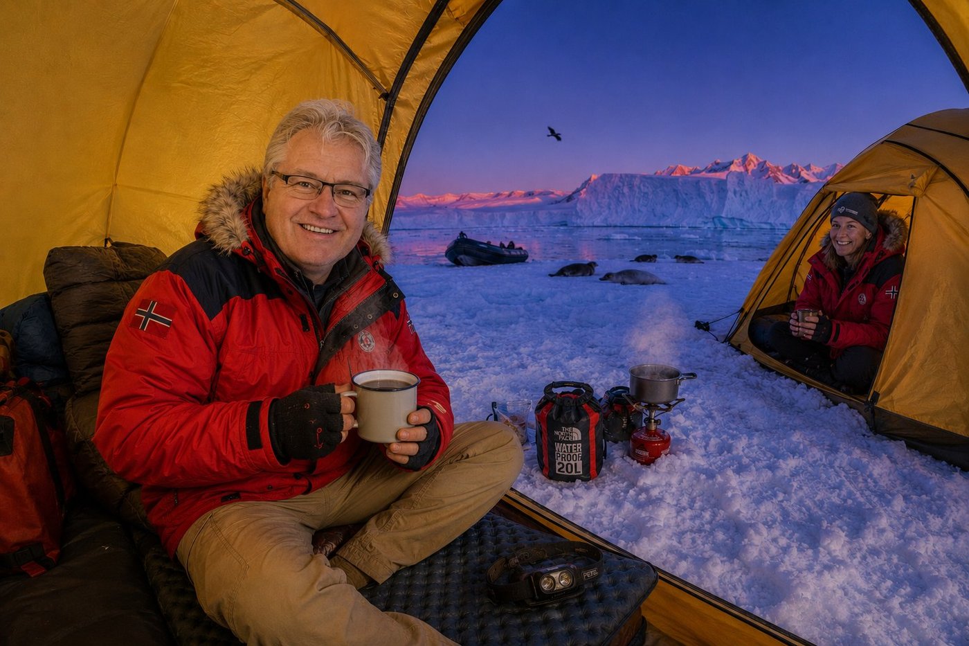 Radim Kaufmann sitting inside a yellow expedition tent at an overnight camp on the sea ice of Paradise Bay on the Antarctic Peninsula at midnight twilight, wearing his red Norwegian polar expedition parka with Norwegian flag patch, fingerless gloves, holding a steaming enamel mug of hot chocolate, beside Astrid the Norwegian expedition guide in her adjacent yellow tent, expedition gear including Petzl headlamp and The North Face WATERPROOF 20L dry bag and a small camping stove, crabeater seals on the ice outside, a Zodiac on the ice, magnificent pink-orange alpenglow on distant glacier walls under a cobalt-violet twilight sky