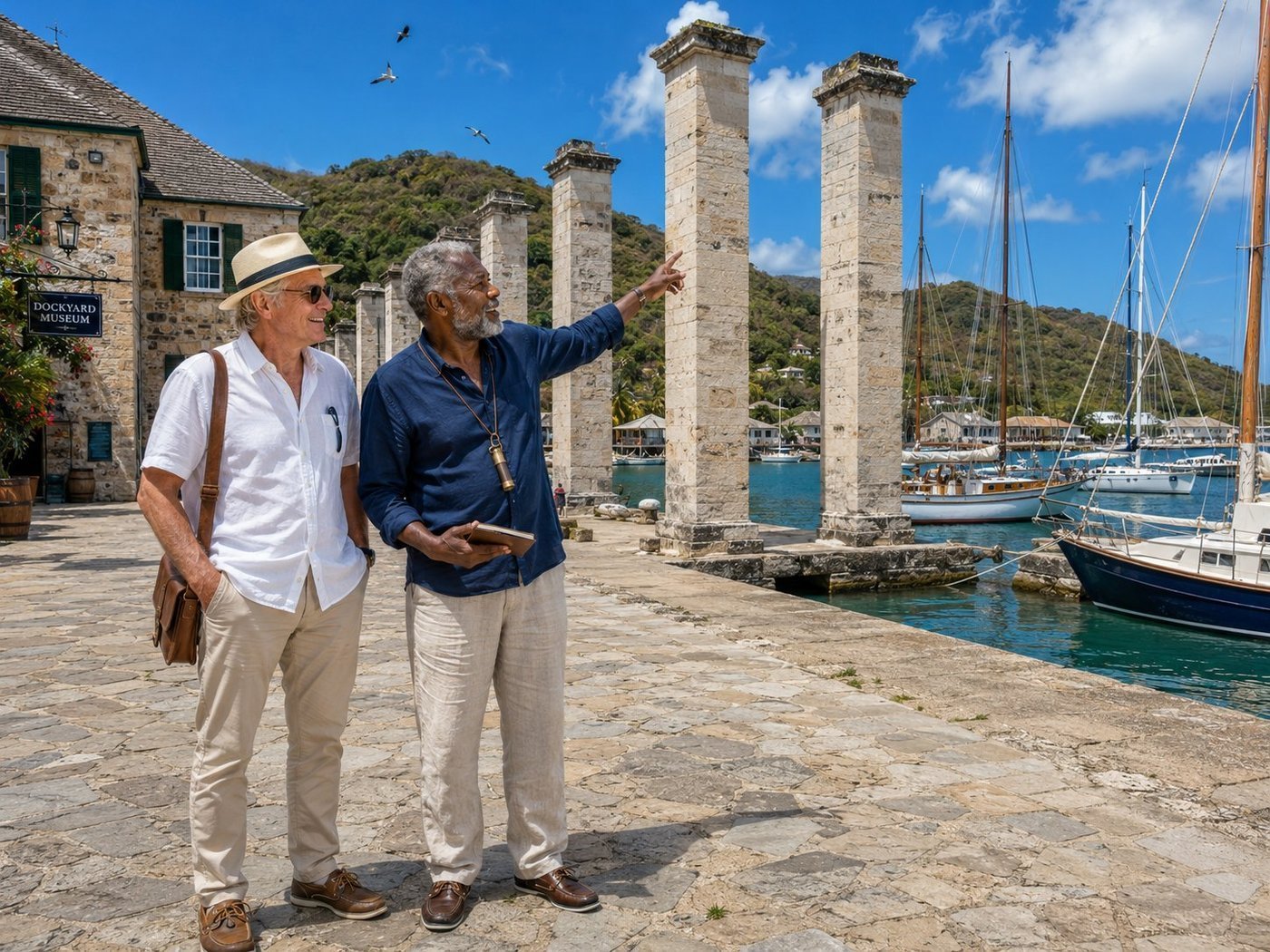 Radim Kaufmann at Nelson's Dockyard UNESCO site in English Harbour Antigua, with a local Antiguan yachtmaster historian in navy linen pointing toward the iconic Sail Loft Pillars, sailing yachts moored in the horseshoe harbour, Dockyard Museum building behind, frigatebirds in the sky