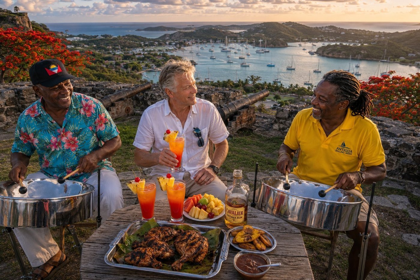 Radim Kaufmann at Shirley Heights ruined garrison above English Harbour Antigua at sunset, with two Antiguan musicians playing steel pan drums - one in turquoise floral shirt with Antigua flag cap, one in yellow Antigua Sailing Week polo with dreadlocks - three glasses of rum punch with pineapple and cherry garnish, a metal tray of grilled jerk chicken on a banana leaf, plantains, fresh fruit, a Cavalier Antigua Rum bottle, the British 1781 cannons and ruined stone ramparts behind, English Harbour with dozens of moored yachts visible below, flame trees in red bloom