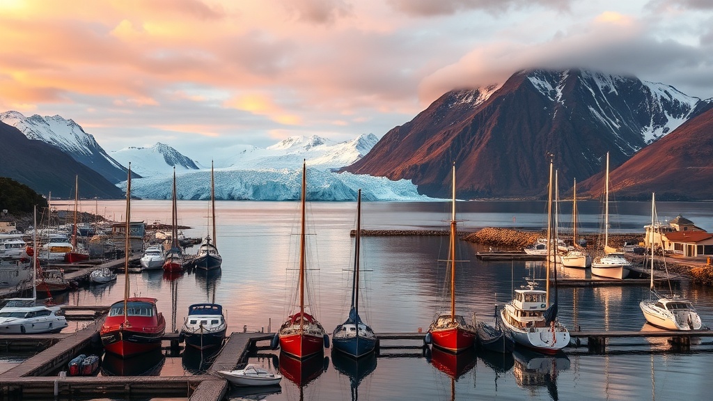 Ushuaia harbor with Martial Glacier and Beagle Channel