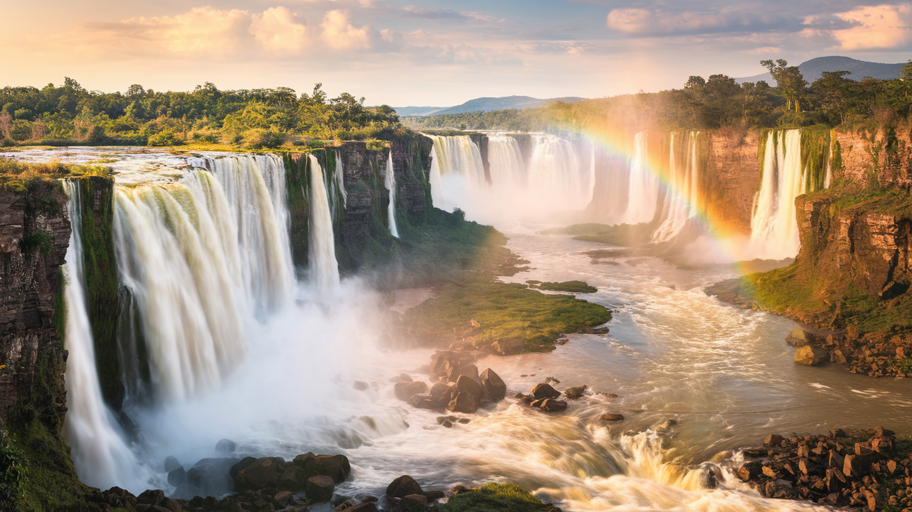 Iguazú Falls panoramic view with rainbow