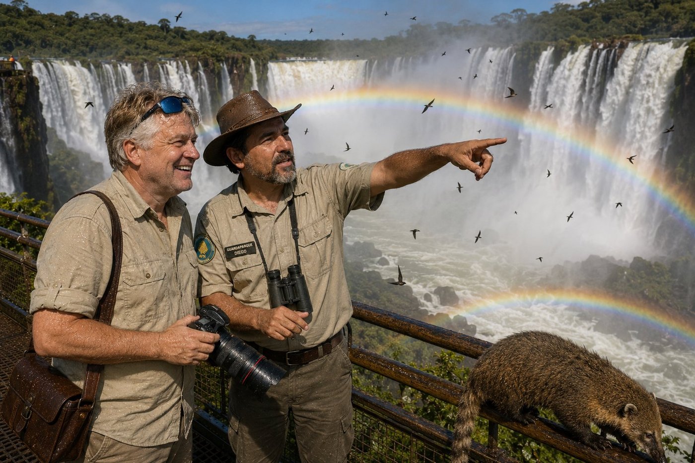 Radim Kaufmann at the Garganta del Diablo (Devil's Throat) viewpoint of Iguazu Falls on the Argentine side, wearing a khaki safari shirt and leather camera bag, holding a DSLR with telephoto lens, beside Diego, an Argentine guardaparque (national park ranger) of Parque Nacional Iguazú in khaki uniform with embroidered APN logo and GUARDAPARQUE DIEGO name patch and brimmed leather ranger hat and binoculars, Diego pointing toward a flock of great dusky swifts flying through the curtain of falling water, the immense U-shaped chasm of the Devil's Throat dropping 82 metres into thunderous mist, a vivid double rainbow arching across the spray, dozens of swifts in flight, a South American coati sniffing along the wooden railing in the foreground, lush subtropical rainforest cliffs