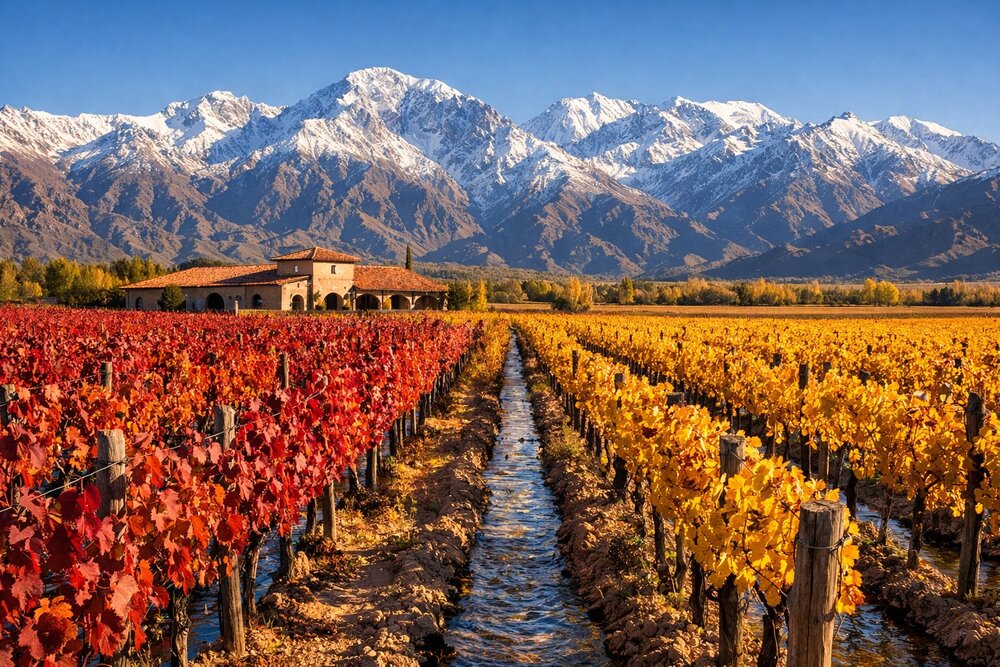 Mendoza vineyards in autumn with Andes mountains