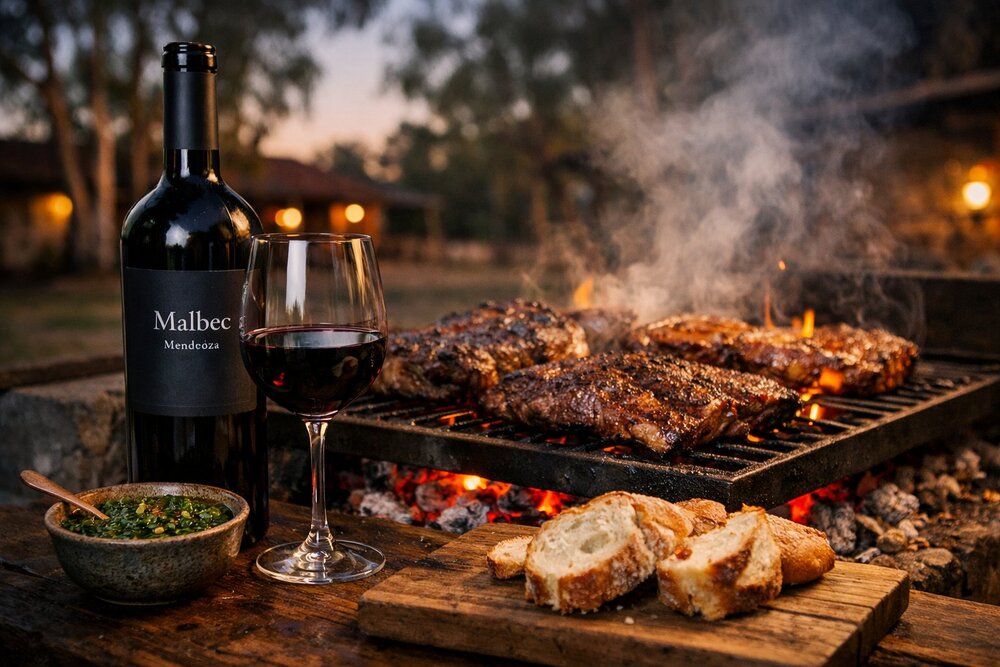 Malbec wine with Argentine asado on parilla