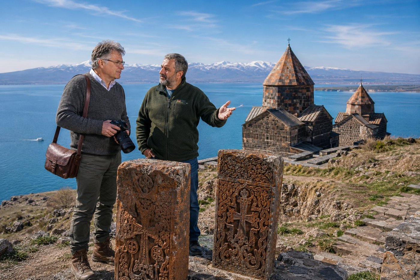 Radim Kaufmann on the clifftop terrace of Sevanavank Monastery on the Sevan Peninsula at 1900 metres above sea level, with Vahan, a local Armenian guide in forest-green fleece, gesturing toward the two surviving 9th-century churches of Surb Astvatsatsin and Surb Arakelots in dark tufa stone with pyramidal cupolas, two intricately carved khachkar cross-stones in reddish-brown tufa in the foreground, the cobalt-blue expanse of Lake Sevan stretching to the snow-streaked Geghama mountain range on the far shore