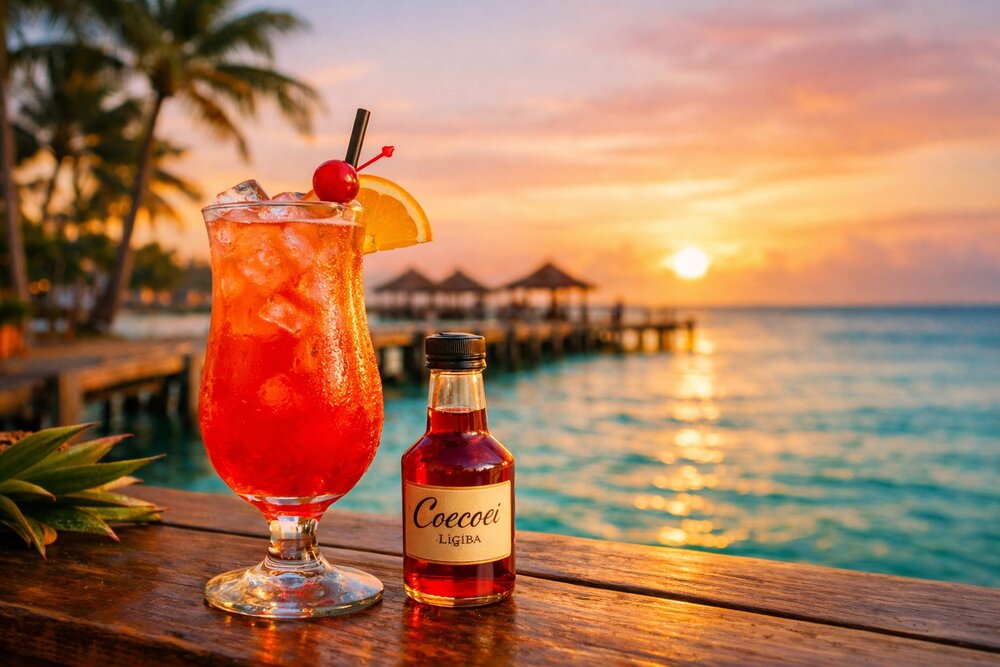 Aruba Ariba cocktail with Coecoei at sunset