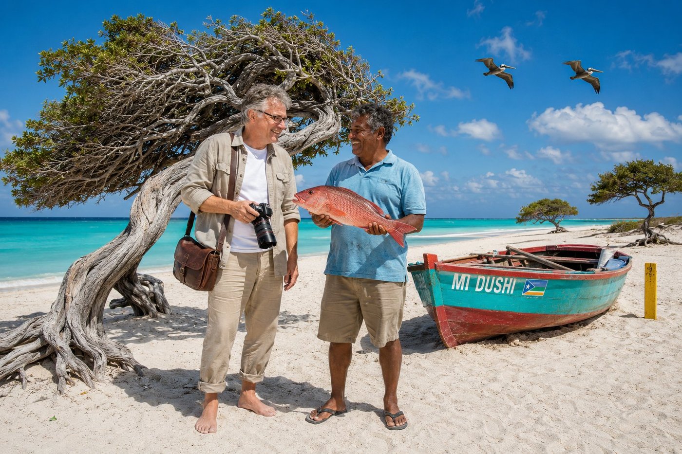 Radim Kaufmann standing barefoot on the white powdery coral sand of Eagle Beach in Aruba beside the famous wind-bent fofoti tree (Conocarpus erectus) — its bare grey trunk and ribbed branches sculpted by a lifetime of constant easterly trade winds into the iconic asymmetric westward-leaning silhouette — beside Eddy, a 50-something Aruban fisherman of Caquetío-Spanish-Dutch heritage in a faded sky-blue polo and khaki shorts holding up a freshly caught Caribbean red snapper, a small traditional Aruban wooden fishing boat painted in faded turquoise and red and named MI DUSHI with the Aruban flag pulled up on the sand, the glass-still turquoise Caribbean Sea behind them, two brown pelicans gliding overhead and two more distant fofoti trees down the beach