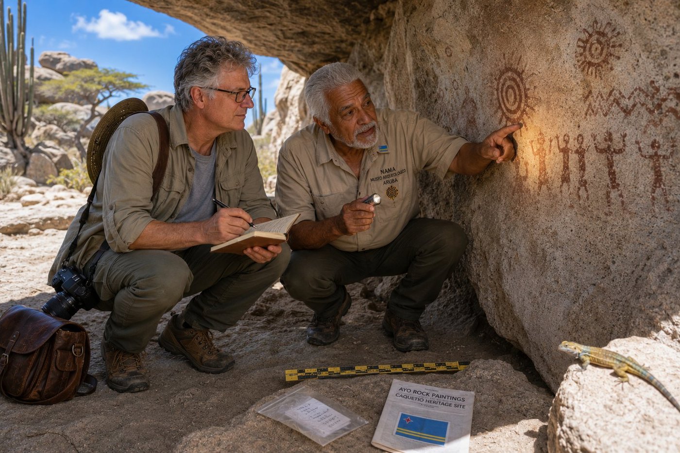 Radim Kaufmann crouched inside the cool shaded chamber of a natural rock shelter at the Ayo Rock Formation in the central interior of Aruba beneath a massive overhang of pale granitic-tonalite boulder beside Dr. Augusto Croes a distinguished 60-something Aruban anthropologist of Caquetío-Spanish heritage in a tan NAMA Museo Arqueológico Nacional Aruba field shirt with a small Aruban flag pin on his collar holding a slim LED flashlight casting an oblique warm beam across a panel of ancient Caquetío Amerindian pictographs on the curved rock wall — two sun-disk symbols with concentric circles and radial rays, a row of stick-figure human forms with raised arms, and zigzag patterns drawn in deep red-ochre and dark-brown iron-oxide pigment approximately 1000 to 1500 years old; Radim taking notes in a leather field notebook, his DSLR camera and brown leather camera bag beside him, a 30cm yellow-and-black photo-scale ruler and a folded laminated AYO ROCK PAINTINGS · CAQUETÍO HERITAGE SITE card on a flat stone, an endemic Aruban whiptail lizard basking at the chamber opening, organ-pipe cactus and divi-divi trees visible in the bright desert exterior