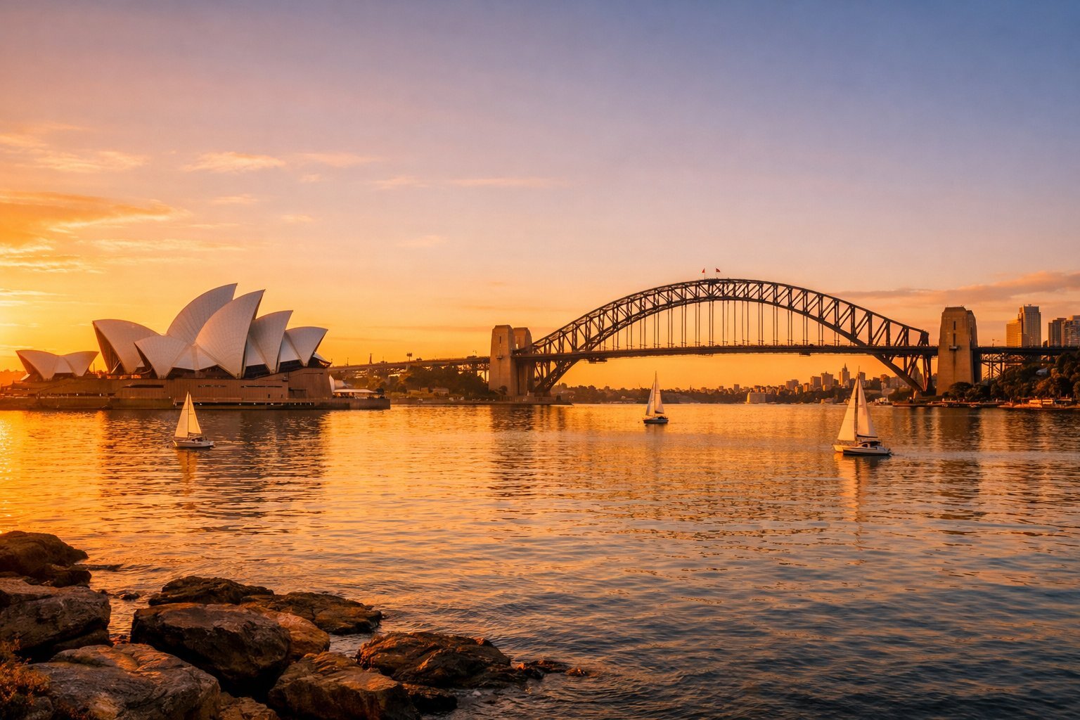 Sydney Harbour with Opera House and Bridge at sunrise