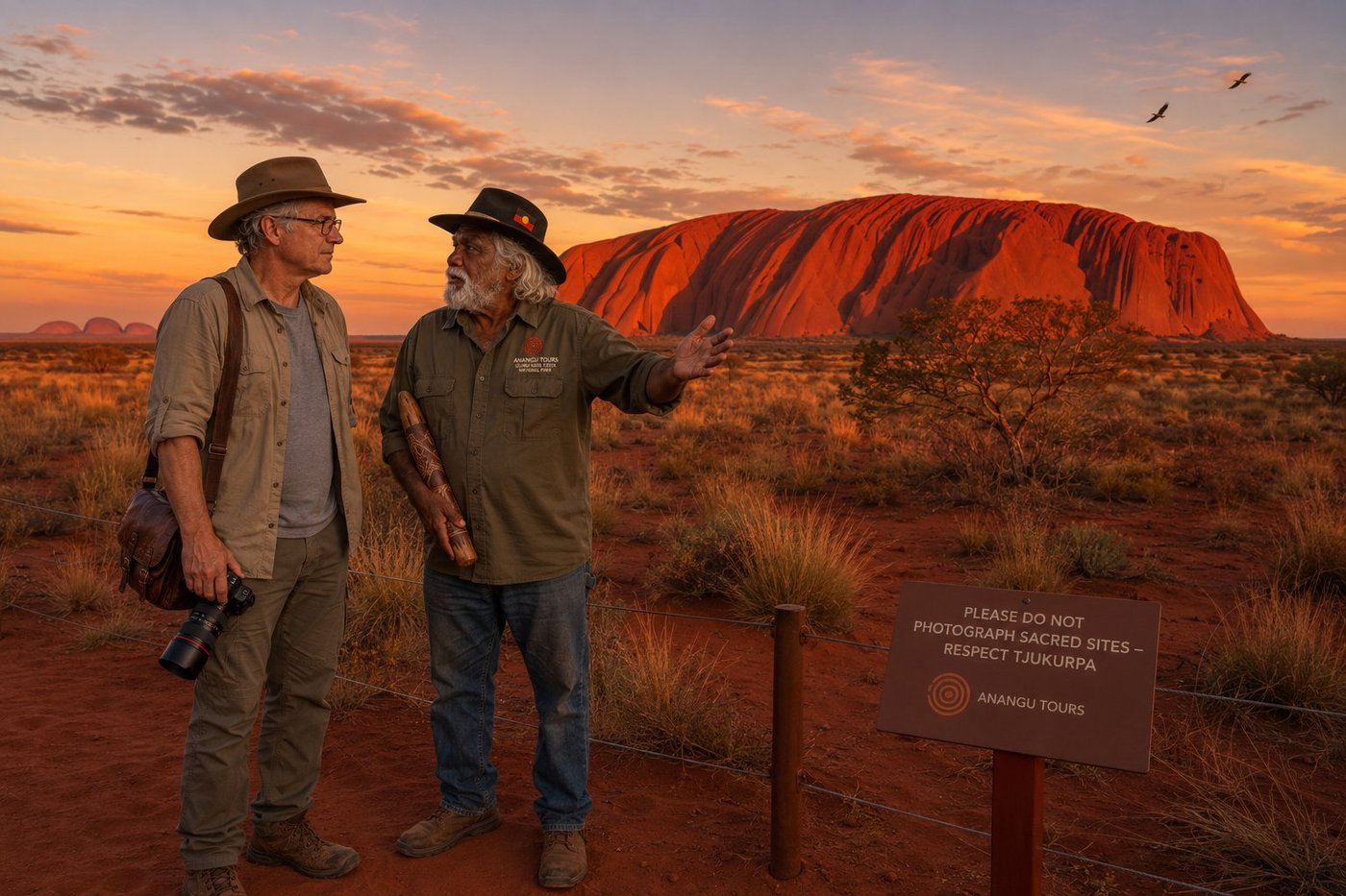 Radim Kaufmann at the Mutitjulu viewing area in front of Uluru in the central Australian outback at sunset wearing a khaki safari shirt and Akubra bush hat with his DSLR lowered respectfully beside William Tjapaltjarri a 60-something Anangu Pitjantjatjara cultural guide with snow-white hair and beard in an Anangu Tours field shirt holding a carved Pitjantjatjara wooden hunting club gesturing toward the great 348-metre red arkose sandstone monolith glowing blood-crimson in the famous sunset transition, the smaller domed peaks of Kata Tjuta on the western horizon, a respectful sign reading PLEASE DO NOT PHOTOGRAPH SACRED SITES — RESPECT TJUKURPA with the Anangu Tours sun-disk logo, two black-faced wood swallows overhead, deep cobalt to peach Australian outback sky