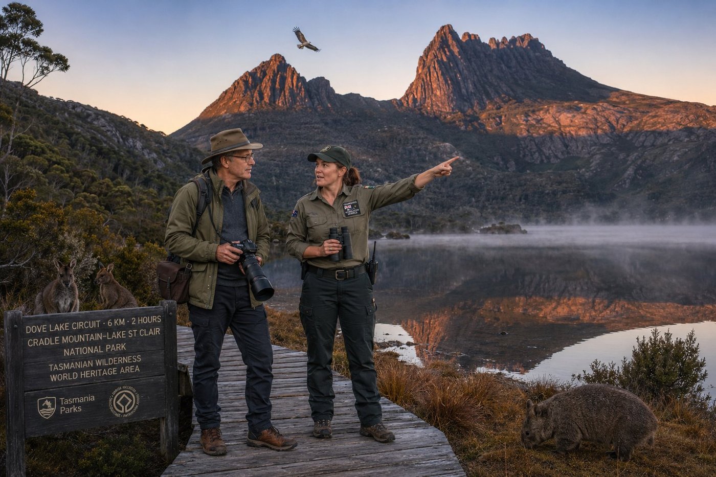 Radim Kaufmann on the weathered timber boardwalk that circles Dove Lake at the foot of Cradle Mountain in Cradle Mountain-Lake St Clair National Park in central Tasmania at sunrise wearing a faded olive waterproof rain jacket and Akubra bush hat with a small daypack and his brown leather camera bag clipped to the hip-belt and his DSLR with a long telephoto lens beside Sarah Whitlock a 40-something Tasmania Parks & Wildlife Service ranger with auburn ponytail under a forest-green field cap in khaki-olive uniform with chest patch and Australian flag sleeve patch holding rubber-armoured binoculars and pointing toward the iconic twin-peaked dolerite silhouette of Cradle Mountain catching the first warm pink-orange light of dawn across mirror-still Dove Lake reflecting the mountain perfectly, a common Tasmanian wombat grazing on the foreshore and a pair of Bennett's wallabies on the boardwalk edge, a white-bellied sea-eagle wheeling above the peaks, a weathered DOVE LAKE CIRCUIT 6 KM 2 HOURS CRADLE MOUNTAIN-LAKE ST CLAIR NATIONAL PARK TASMANIAN WILDERNESS WORLD HERITAGE AREA sign with the Tas Parks logo and UNESCO emblem, misty morning vapour rising from the lake