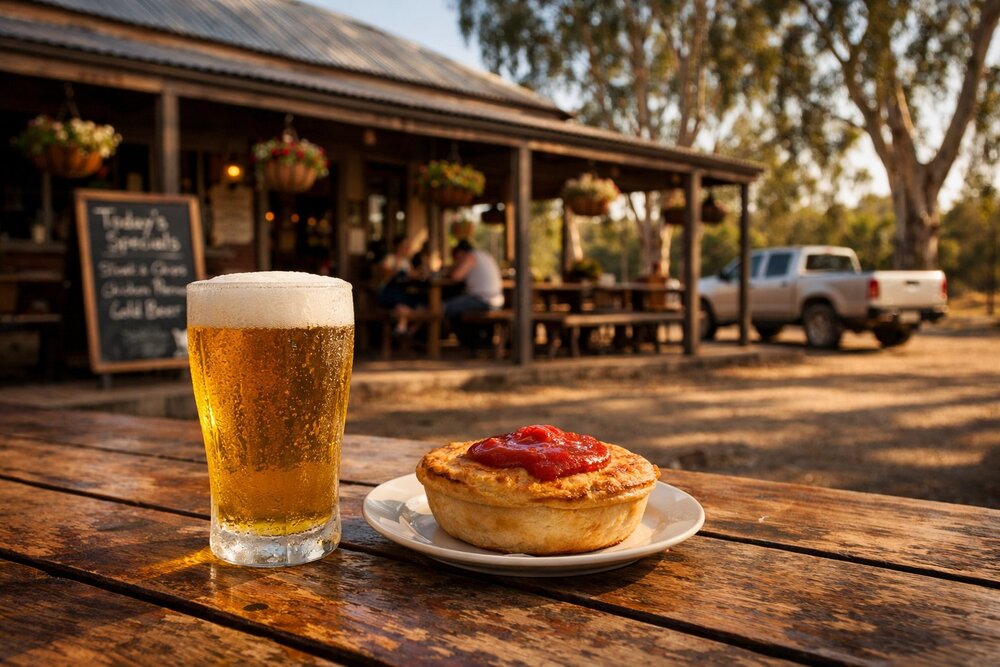 Schooner and meat pie at Australian outback pub