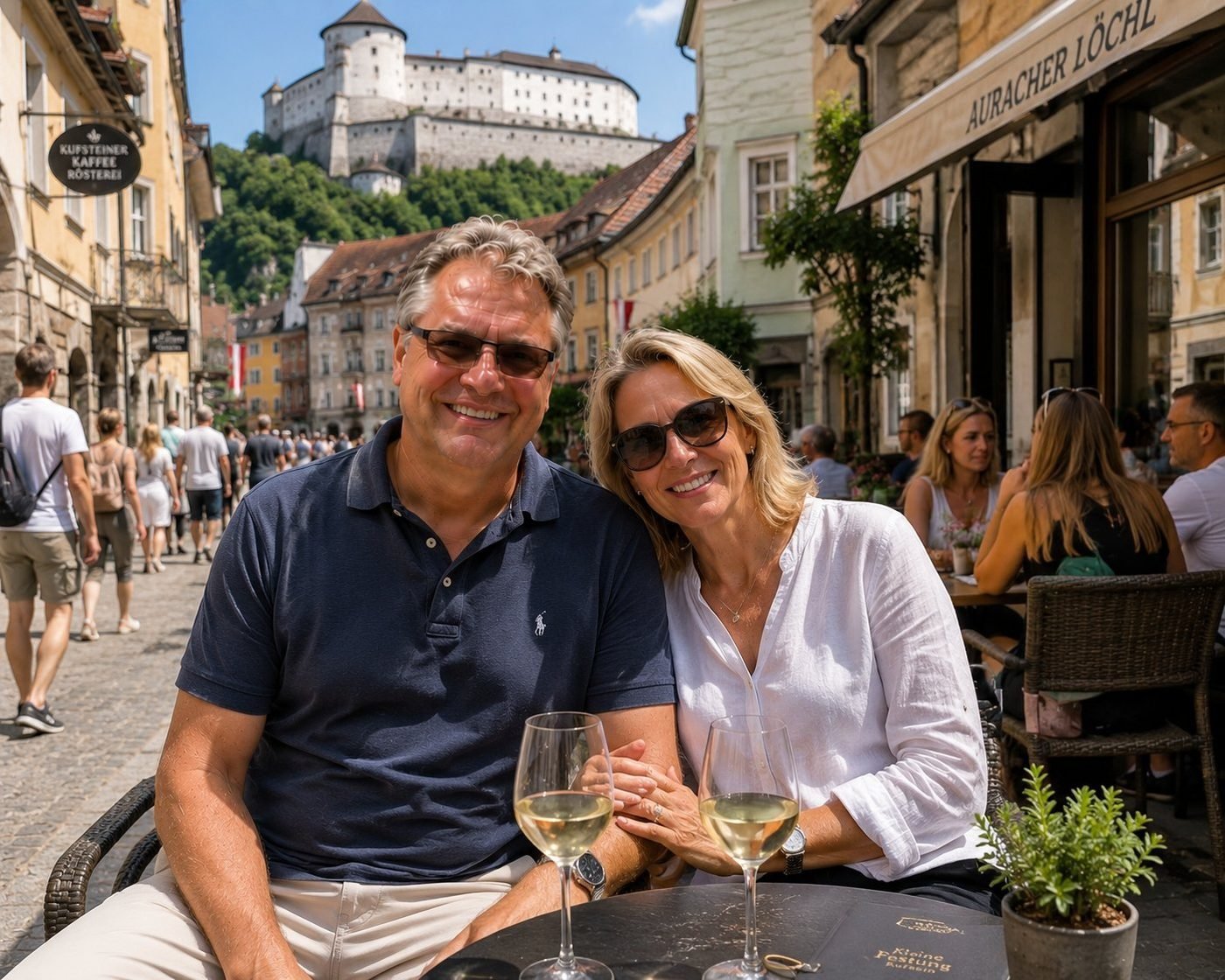 Radim Kaufmann at the Auracher Löchl restaurant in Kufstein, Tyrol, with two glasses of white wine on the table and the historic Festung Kufstein fortress on the wooded hill behind, founded 1480