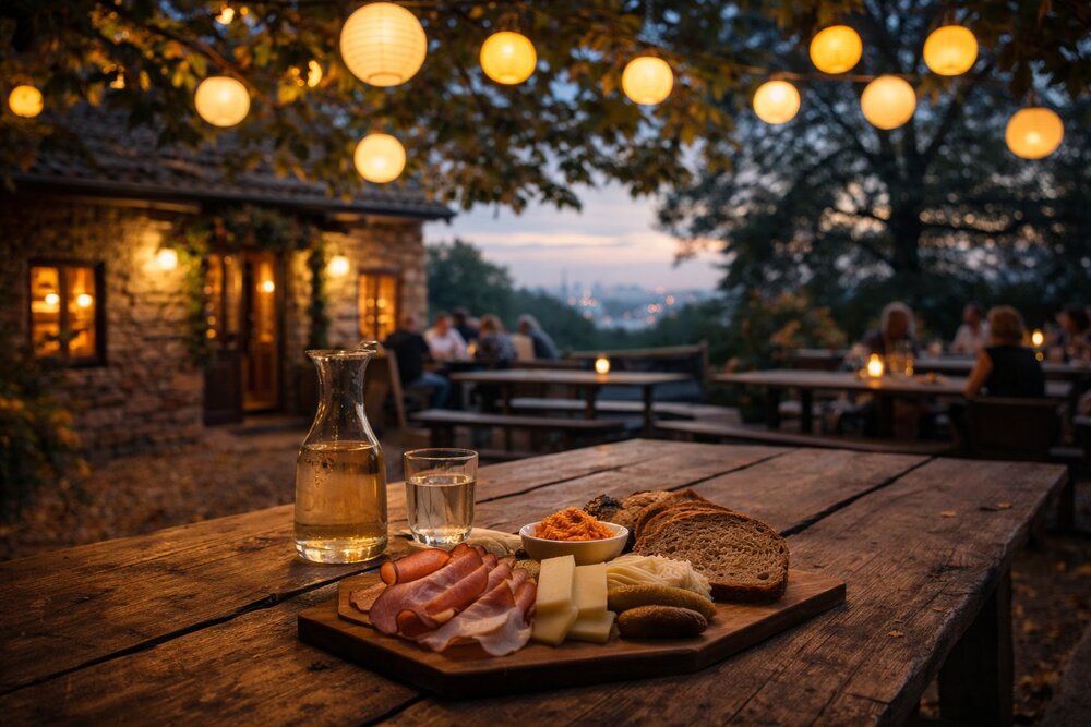 Viennese Heuriger garden with Brettljause and wine