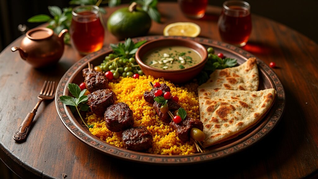 Traditional Azerbaijani feast with plov and kebab