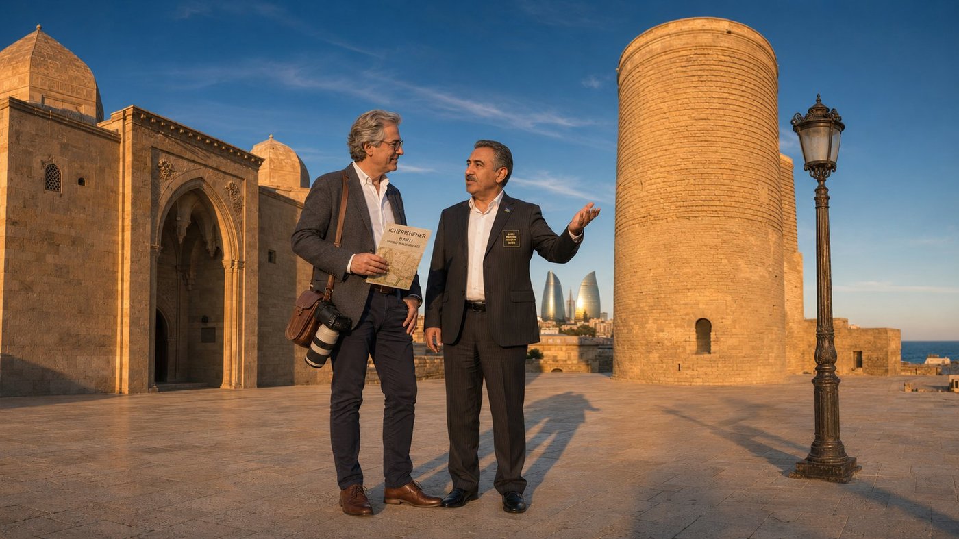 Late afternoon in the Icherisheher Old City of Baku, the golden hour bronzing the limestone — Radim Kaufmann in conversation with Eldar Memmedov, a Baku-born licensed cultural guide, the medieval cylindrical Maiden Tower (Qiz Qalasi) rising dominant on the right, the carved muqarnas archways and small octagonal dome of the fifteenth-century Sirvansahlar Palace stretching across the left, the three curving glass Flame Towers visible on the hillside beyond the old city walls in the gap between, the Caspian Sea just glimpsed beyond the medieval ramparts, an ornate antique iron lantern on a fluted pole, cobalt Azerbaijani sky overhead.