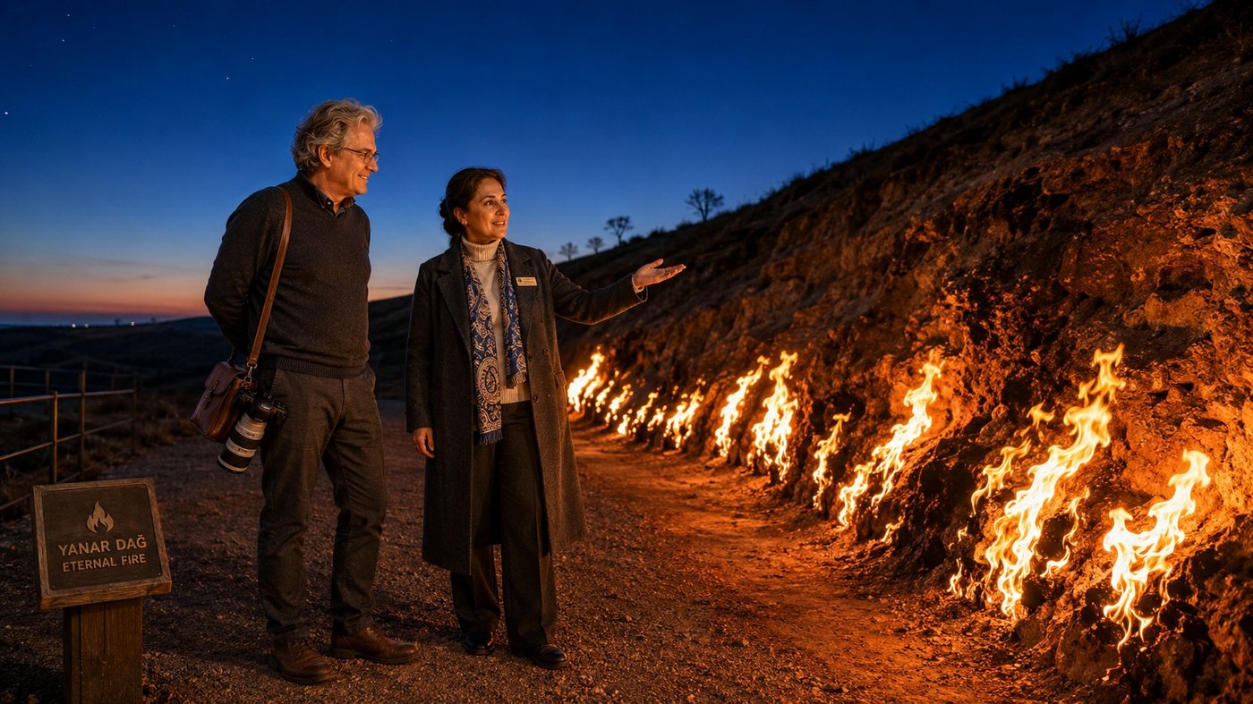 Yanar Dag at the blue hour just after sunset — the famous Burning Mountain hillside on the Abseron Peninsula twenty-five kilometres north-east of Baku, a natural-gas-fed wall of orange-yellow flame burning continuously out of fissures in the dark rust-coloured rocky hillside along approximately ten metres of slope, the flames one to three metres tall, Radim Kaufmann in a charcoal-grey wool sweater standing in conversation with Nigar Huseynova the Reserve curator, an Azerbaijani woman in her early fifties in a charcoal wool overcoat over a cream turtleneck and a muted cobalt-and-cream buta paisley silk scarf, the warm orange firelight catching the right side of their faces against the deep cobalt blue dusk sky overhead, the last peach band of sunset fading on the western horizon, a small wooden interpretive panel reading YANAR DAG ETERNAL FIRE in the lower foreground, first stars beginning to show, dark Abseron steppe stretching away into the deepening blue.