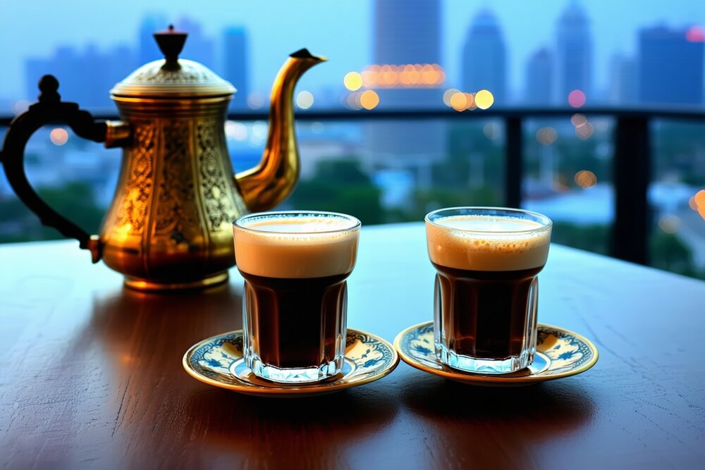 Chai karak and Arabic coffee with Bahrain skyline
