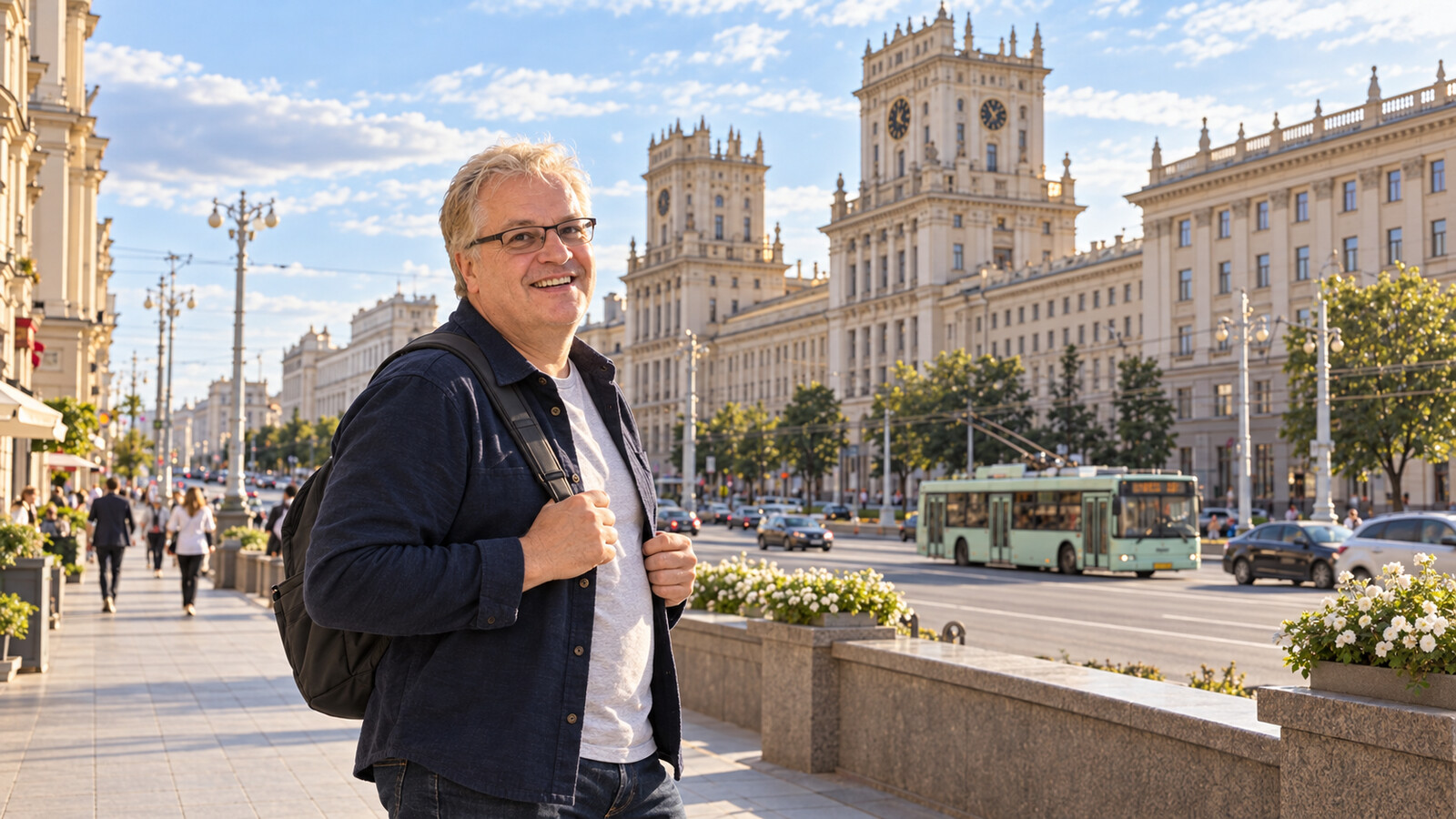 AI editorial illustration of Radim Kaufmann on Independence Avenue in central Minsk