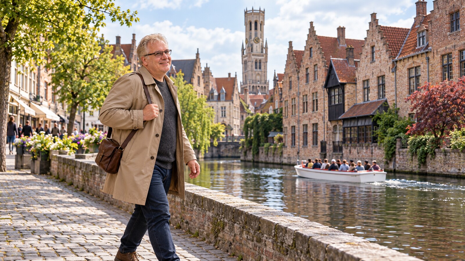 AI editorial illustration of Radim Kaufmann walking beside a canal in Bruges